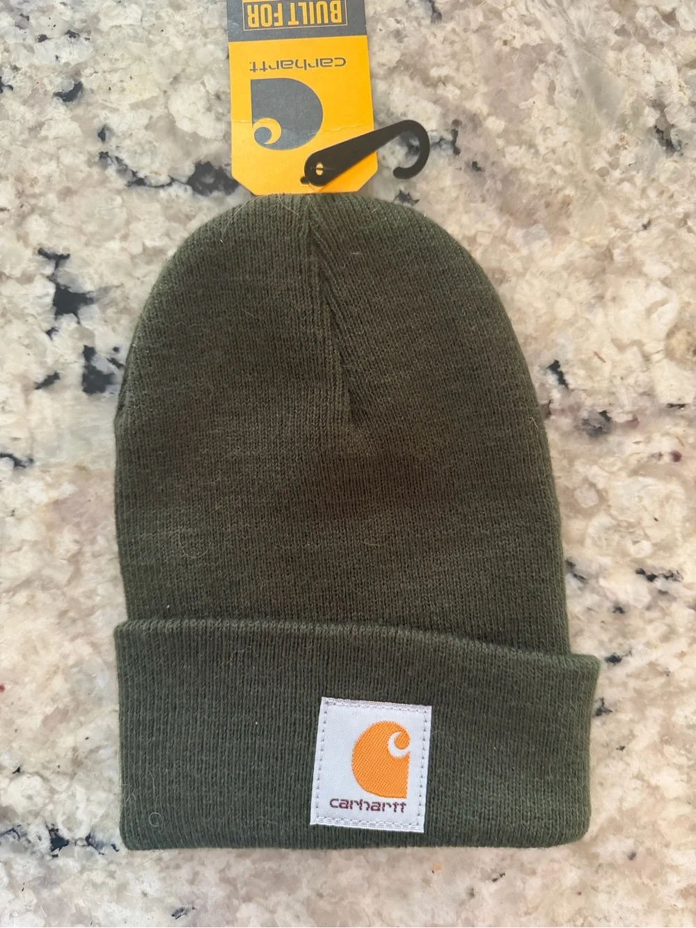 Carhartt Olive Green Folded Cuff Beanie with Orange Logo Patch